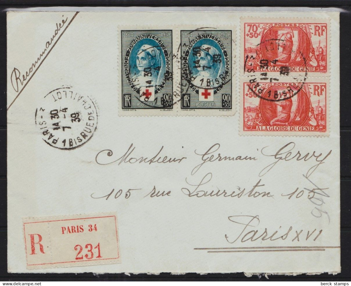 FRANCE - Lettre  Recommandée - PARIS - PARIS Du 7.4.39 - Storia Postale