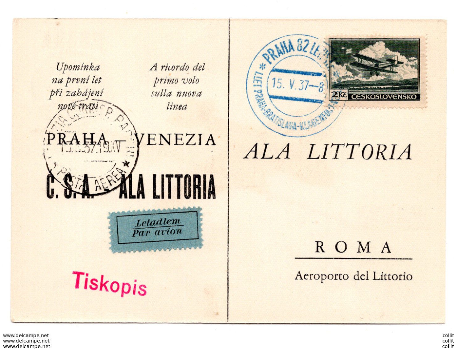 I° Volo Praga/Venezia Del 15.5.37 - Cartolina Ufficiale - Poststempel (Flugzeuge)