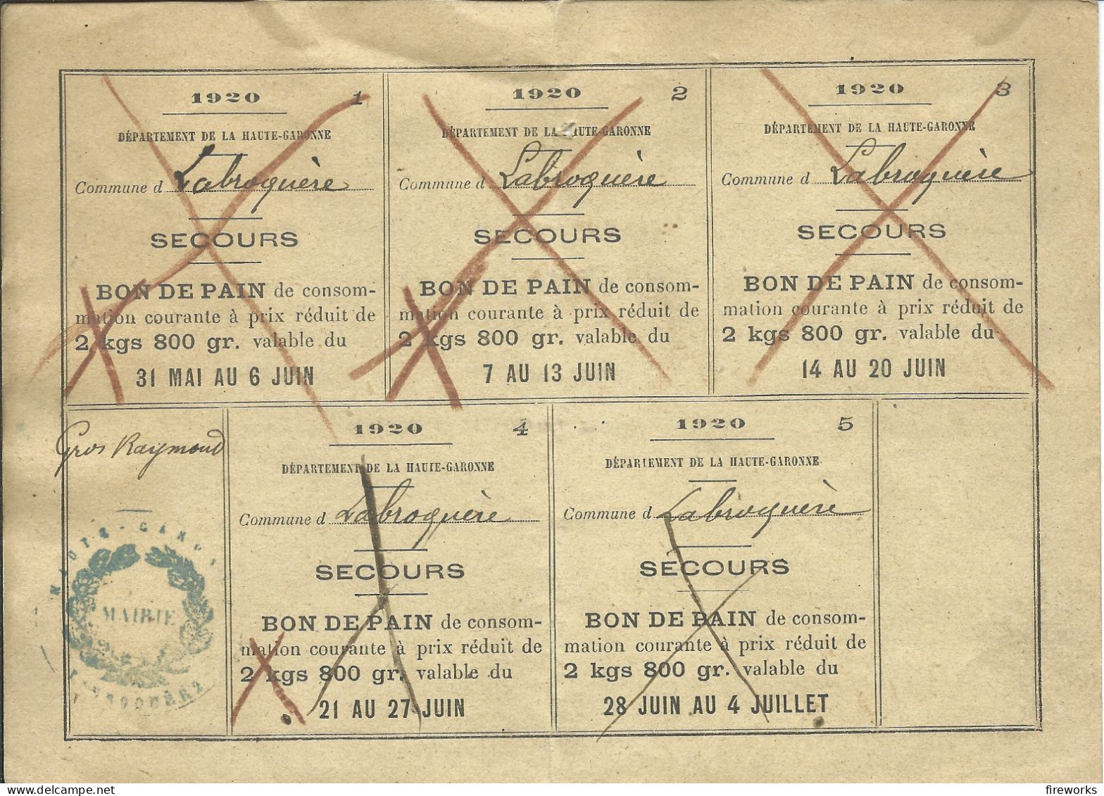 1920 BON DE PAIN (SECOURS) - DEPARTEMENT DE LA HAUTE-GARONNE - COMMUNE DE LABROQUERE (31) - Documenten