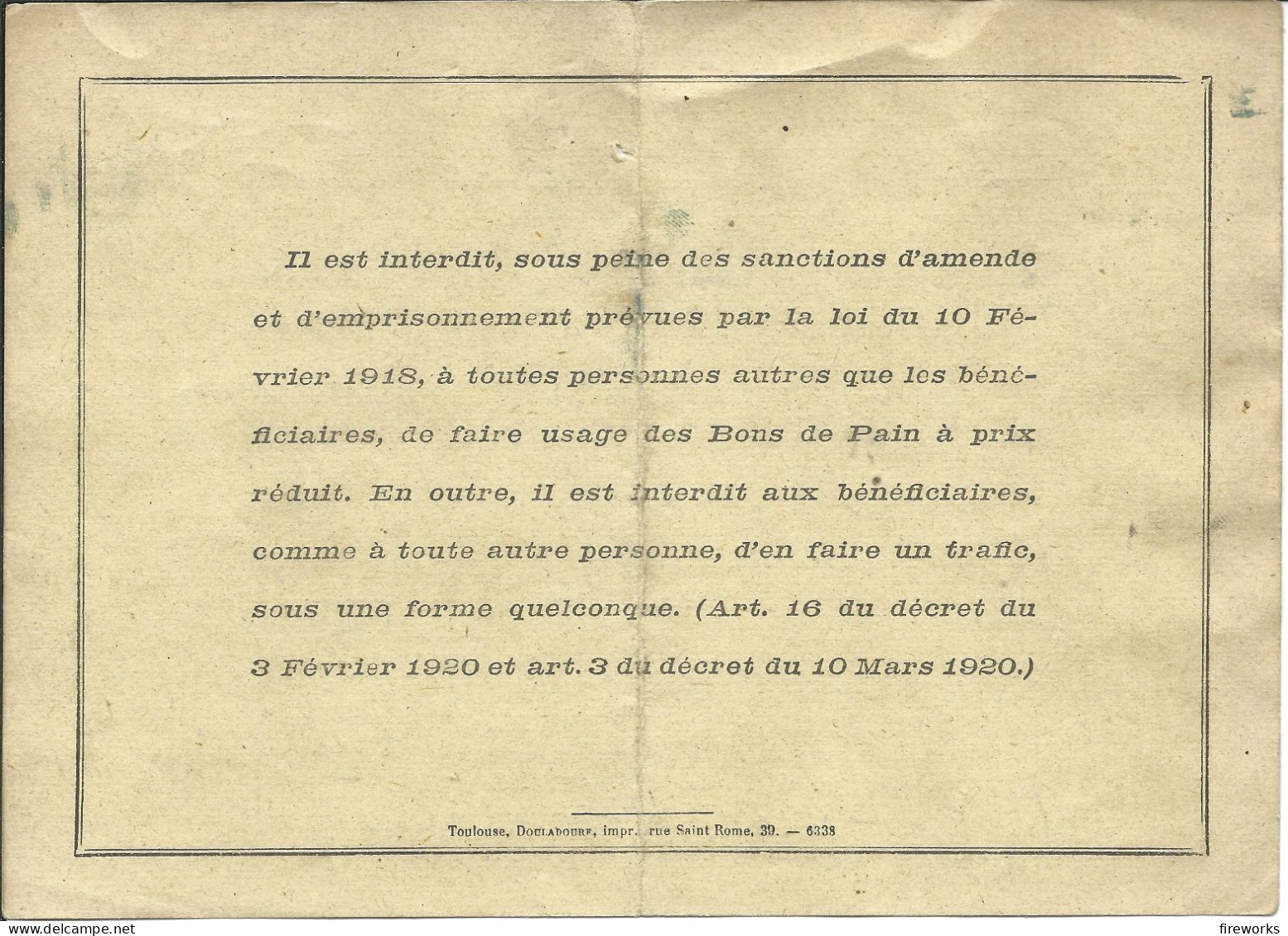 1920 BON DE PAIN (SECOURS) - DEPARTEMENT DE LA HAUTE-GARONNE - COMMUNE DE LABROQUERE (31) - Documenten