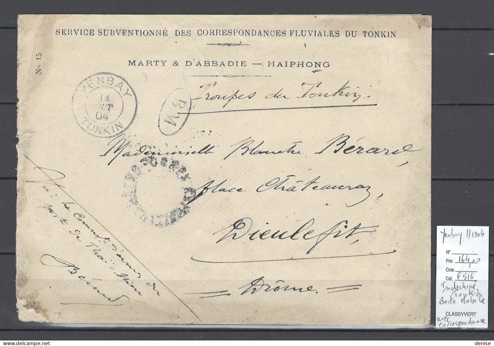 Indochine - Lettre Yenbay - 1904 - BOITE MOBILE - Troupes Du Tonkin - Messageries Fluviales - Lettres & Documents