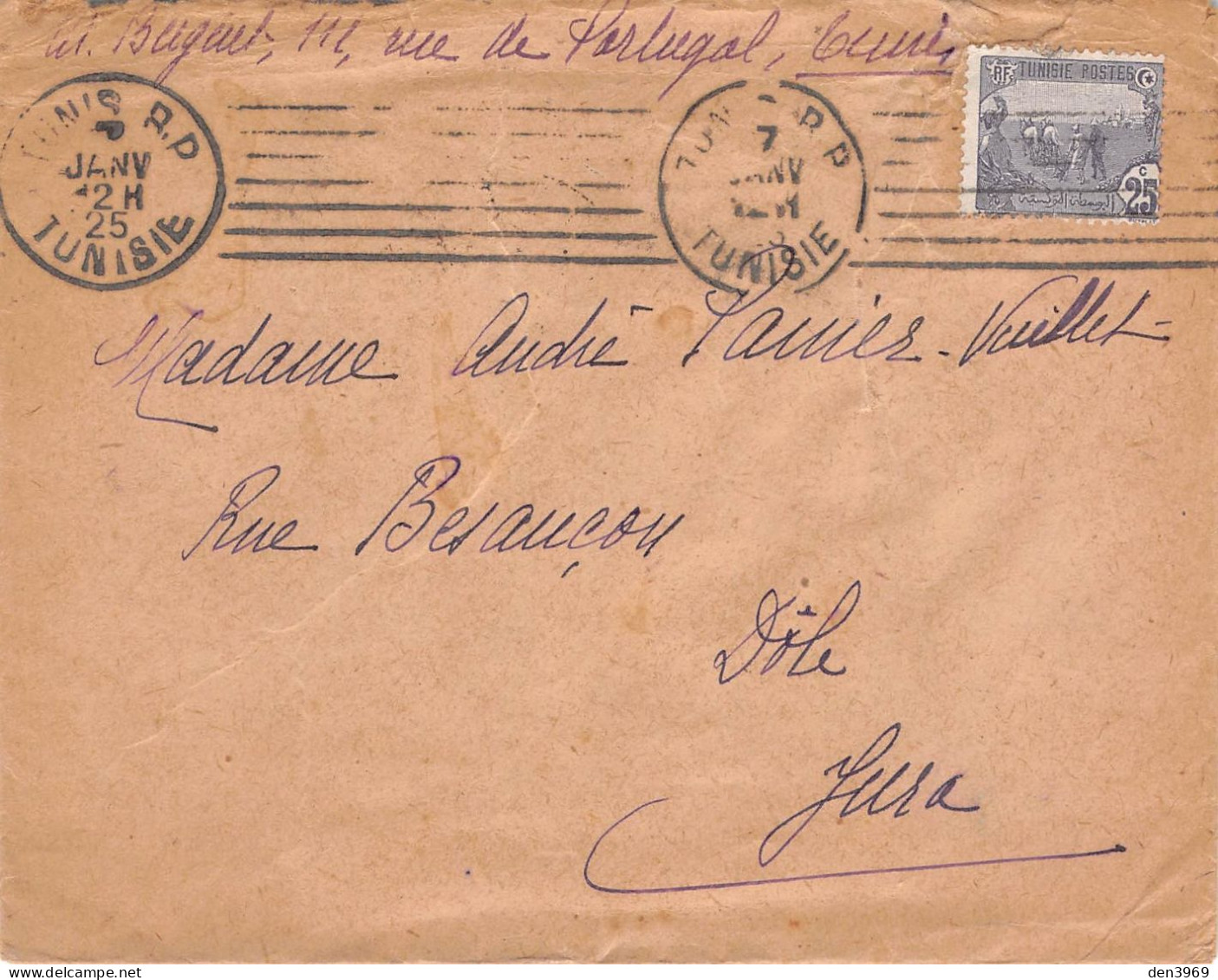 Enveloppe André Panier-Vuillet, Rue De Besançon à DOLE (Jura) - Cachet Poste Tunisie, 1925 - Sonstige & Ohne Zuordnung