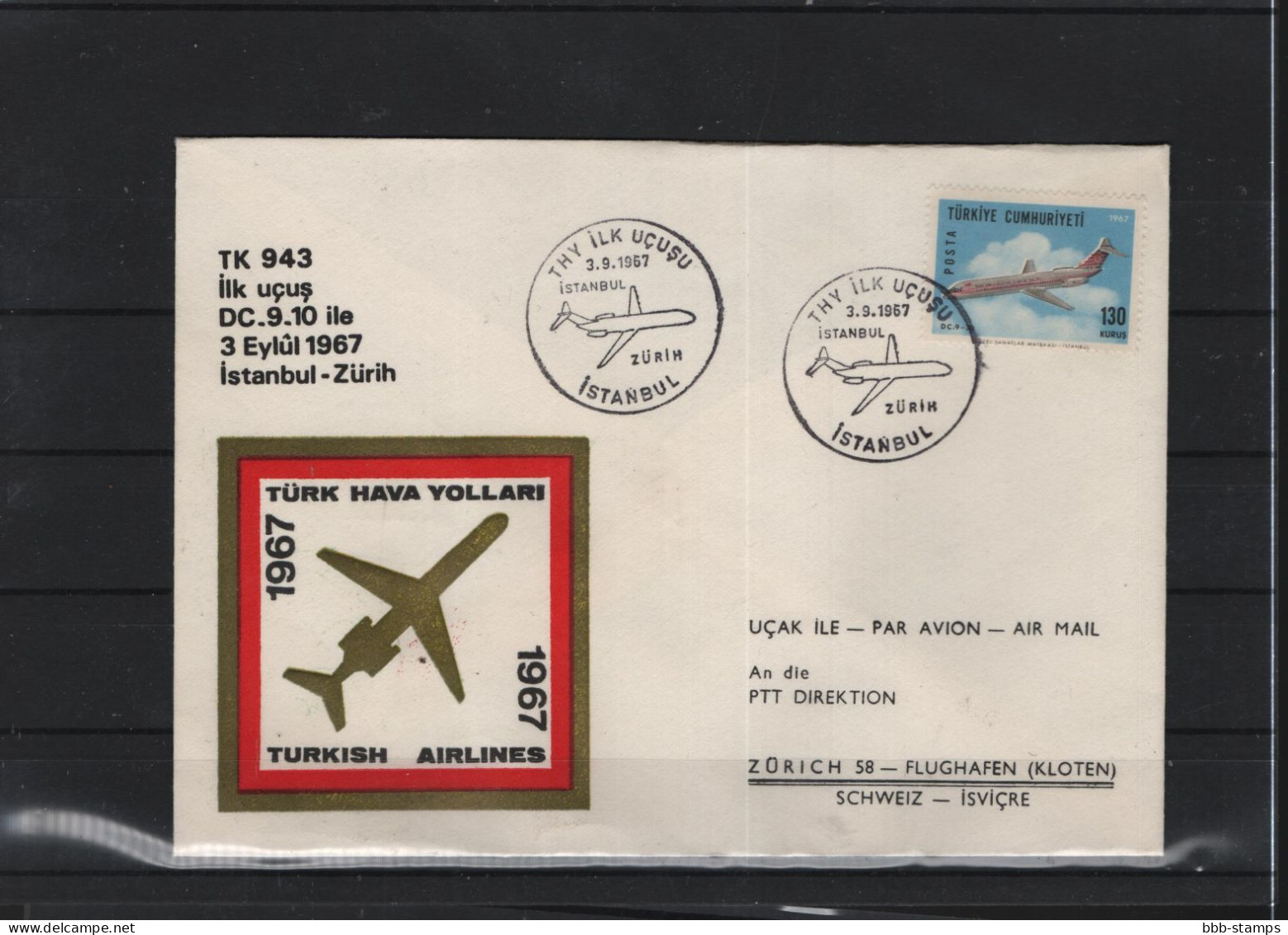 Schweiz Luftpost FFC  THY 3.9.1967 Istanbul - Zürich - First Flight Covers