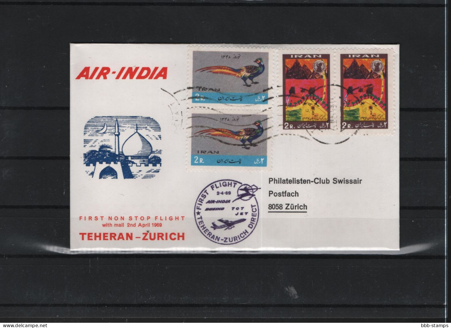 Schweiz Luftpost FFC  Air India 2.4.1969 Teheran - Zürich - Erst- U. Sonderflugbriefe