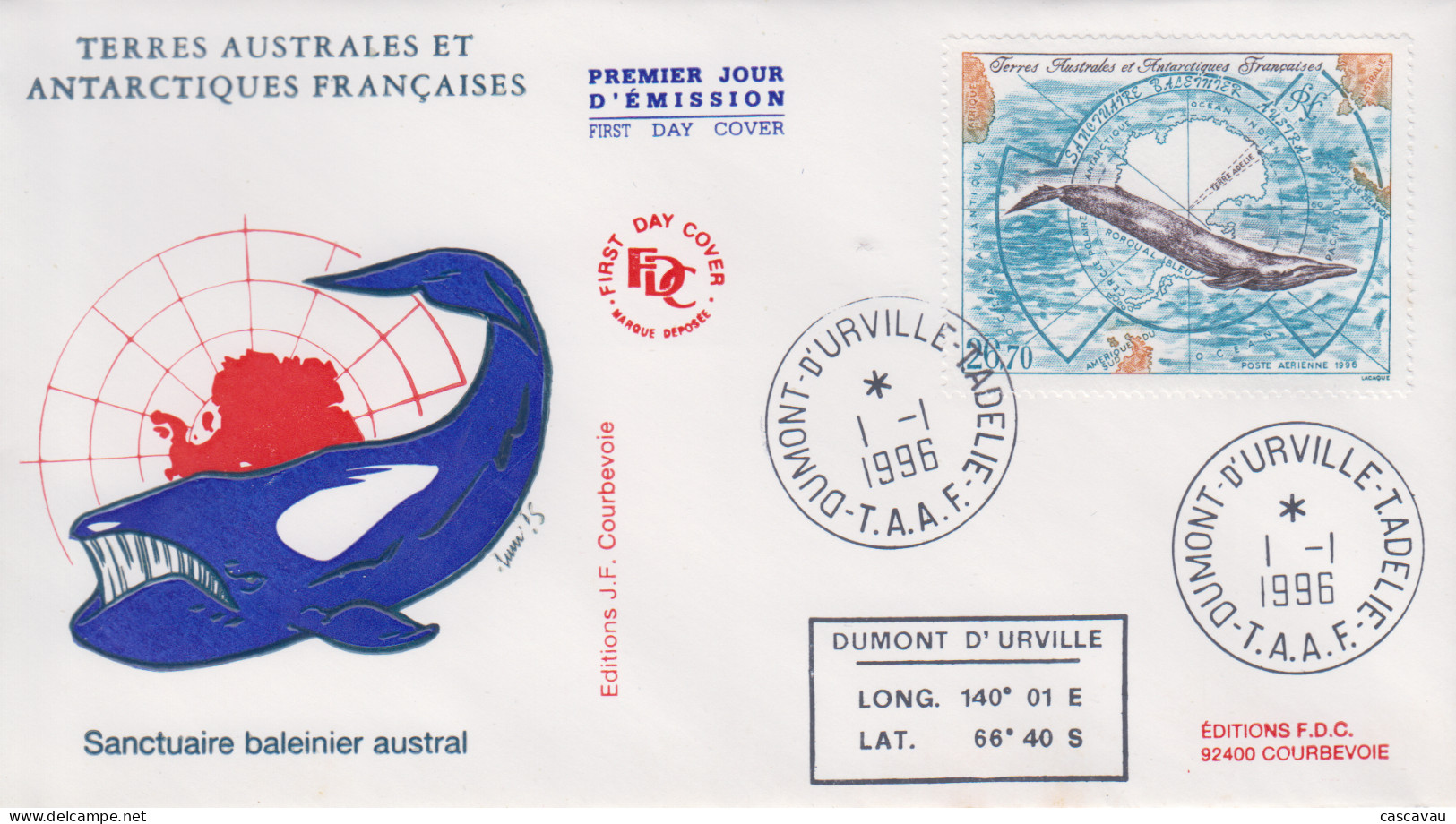 Enveloppe  FDC  1er  Jour    T.A.A.F    Sanctuaire   Baleinier   Austral    1996 - FDC