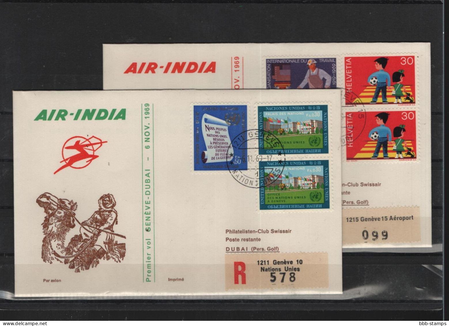 Schweiz Luftpost FFC  Air India 6.9.1969 Genf - Dubai Vv - Eerste Vluchten