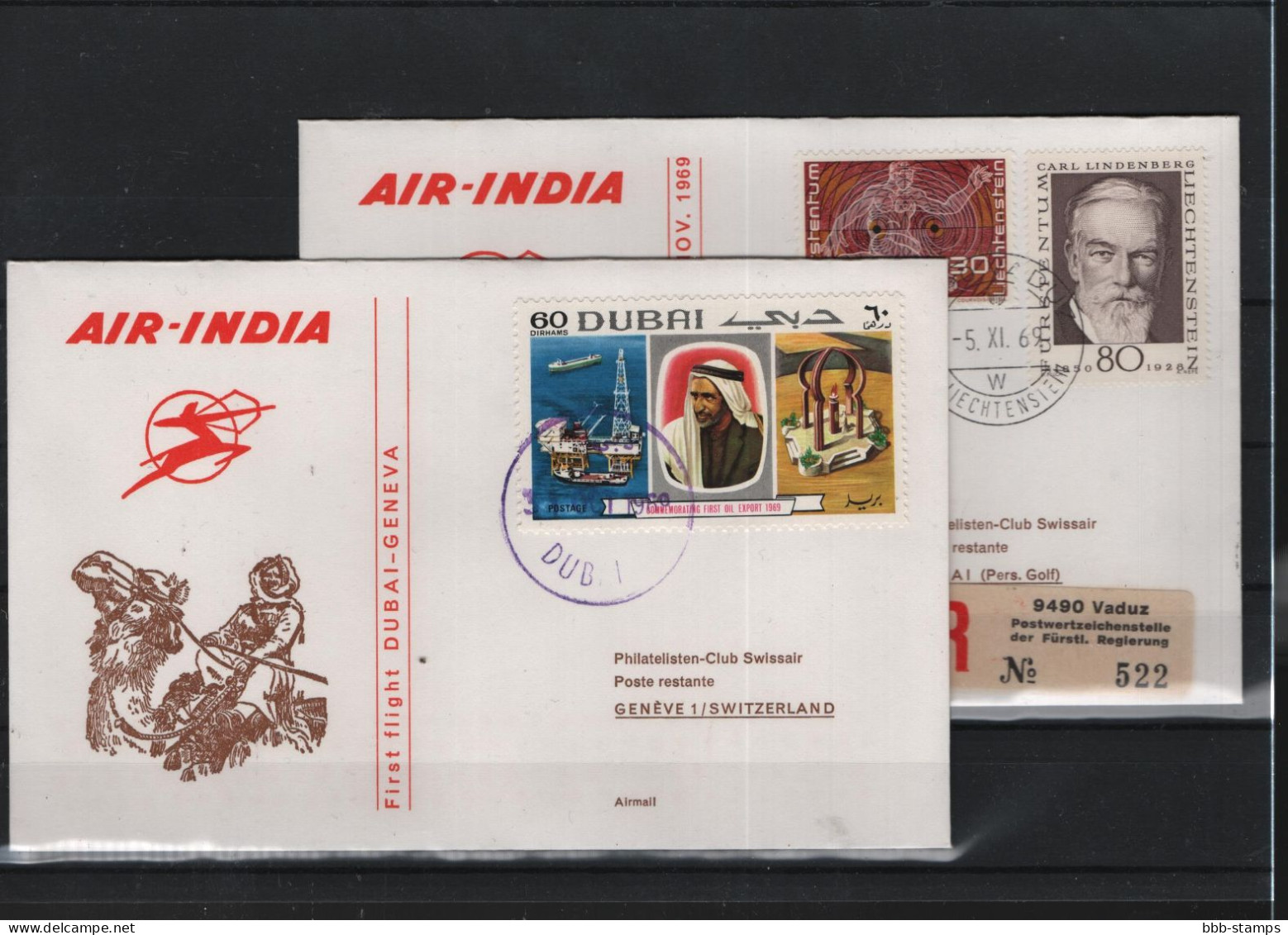 Schweiz Luftpost FFC  Air India 6.9.1969 Genf - Dubai Vv - Premiers Vols