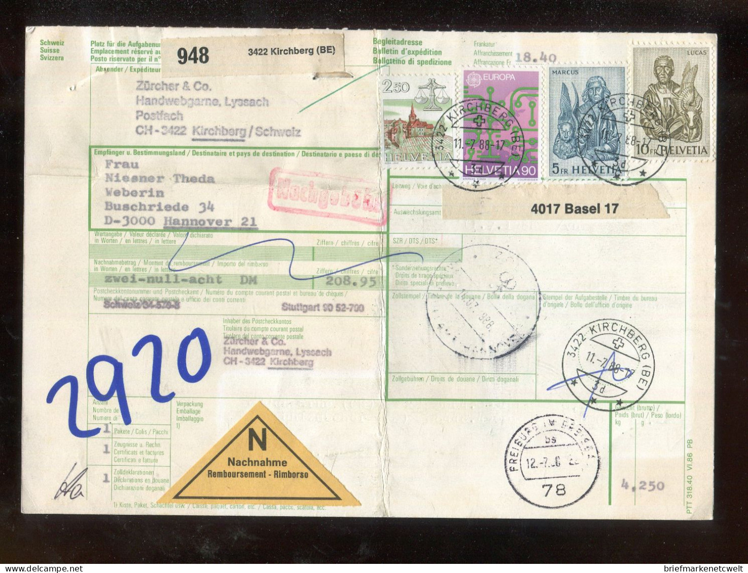 "SCHWEIZ" 1989, Auslands-Paketkarte Ex Kirchberg Nach Hannover, Frankatur ! (B2022) - Storia Postale