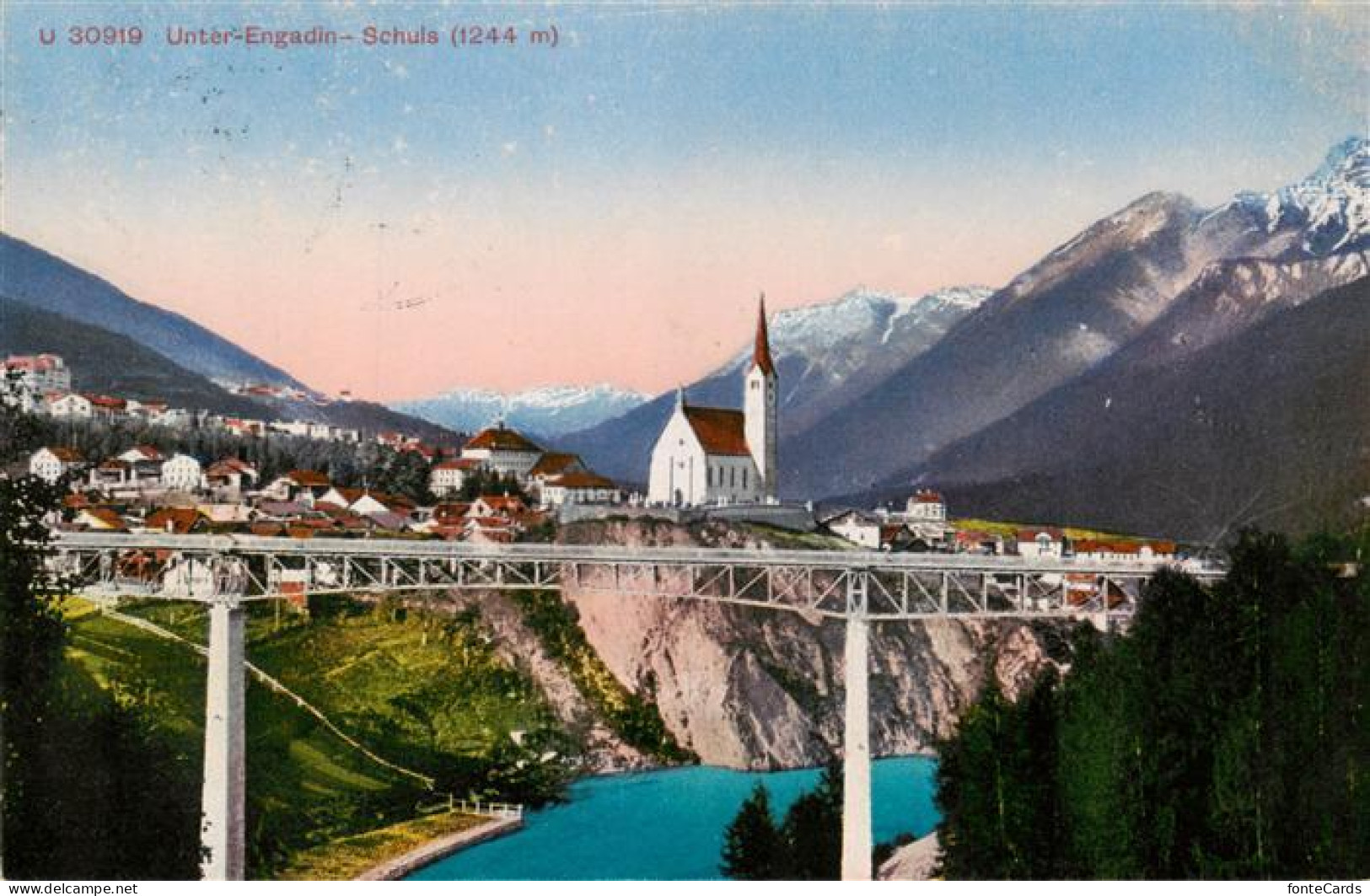 13955543 Schuls_Scuol_GR Panorama Blick Zur Kirche Bruecke - Autres & Non Classés