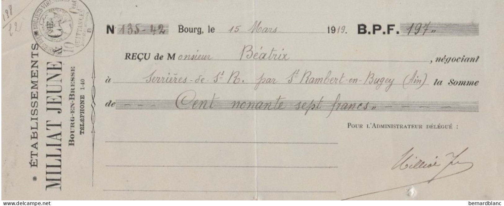 BOURG - AIN - ETABLISSEMENTS MILLIAT JEUNE - RECU EN 1919 - Other & Unclassified