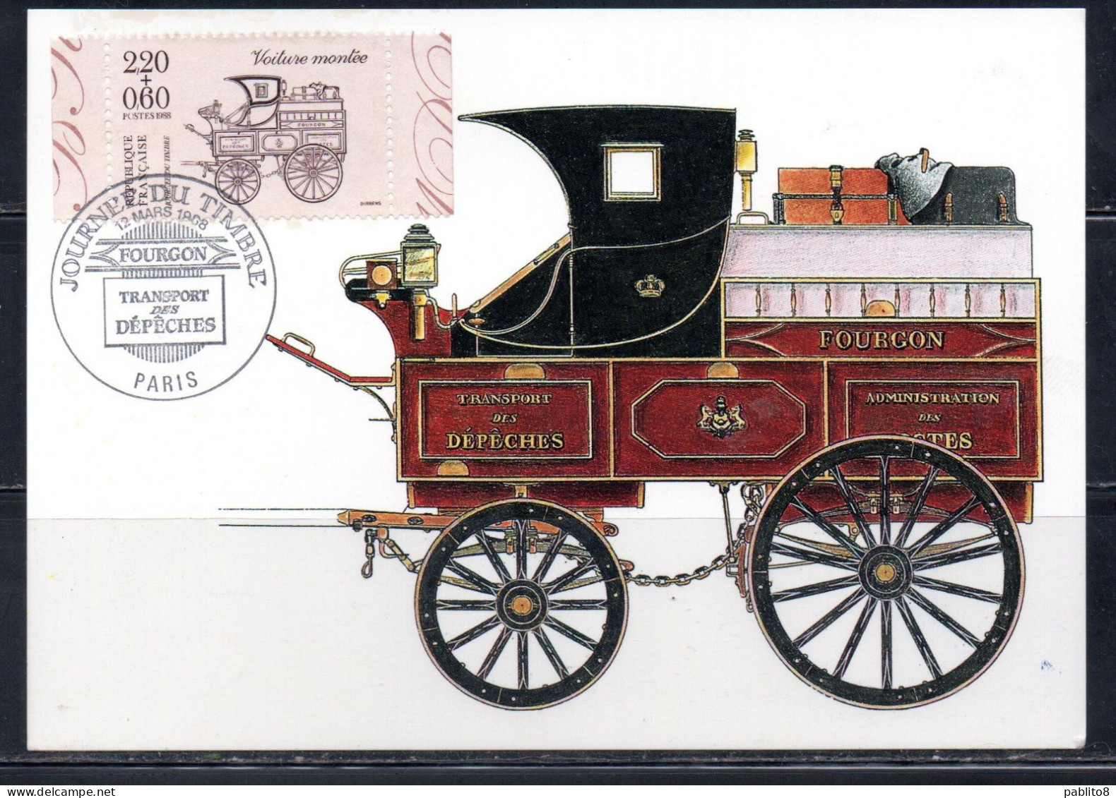 FRANCE FRANCIA 1988 STAMP DAY JOUR DU TIMBRE POSTAL COACH VOITURE FOURGON 2.20fr + 60c MAXI MAXIMUM CARD CARTE - 1980-1989