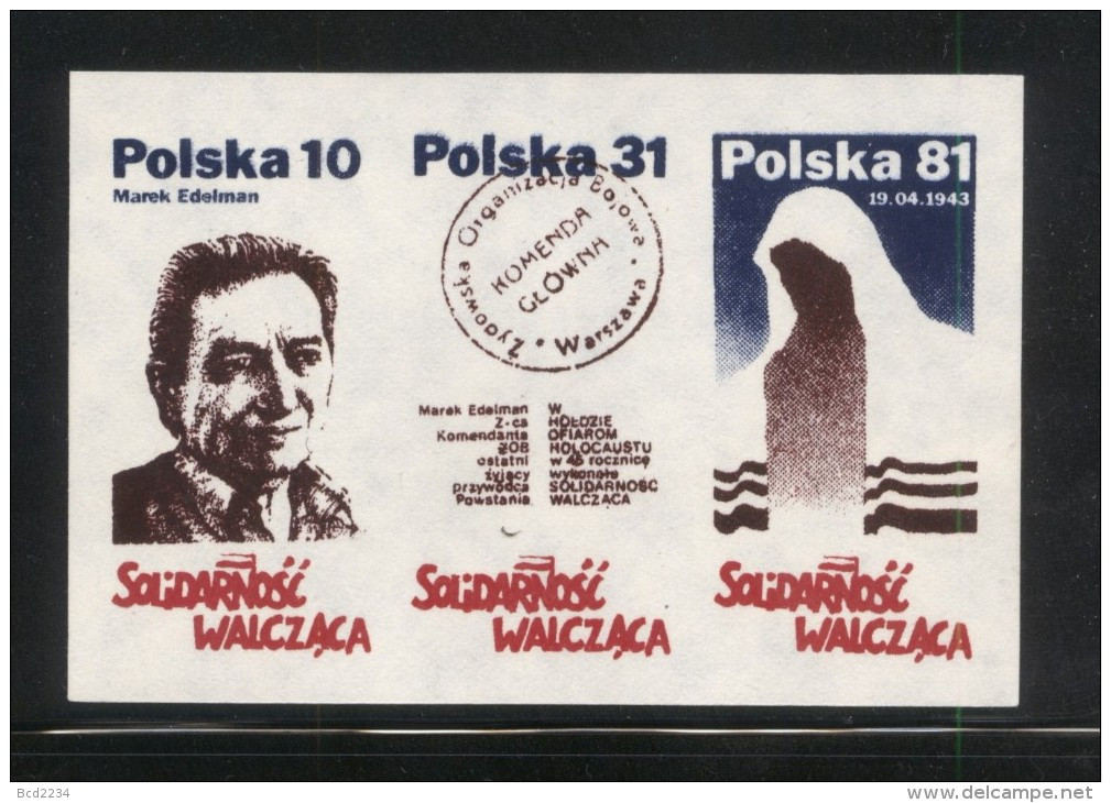 POLAND SOLIDARITY SOLIDARNOSC WALCZACA 1988 45TH ANNIV WARSAW GHETTO UPRISING MAREK EDELMAN WW2 MS WORLD WAR 2 JUDAICA - WO2