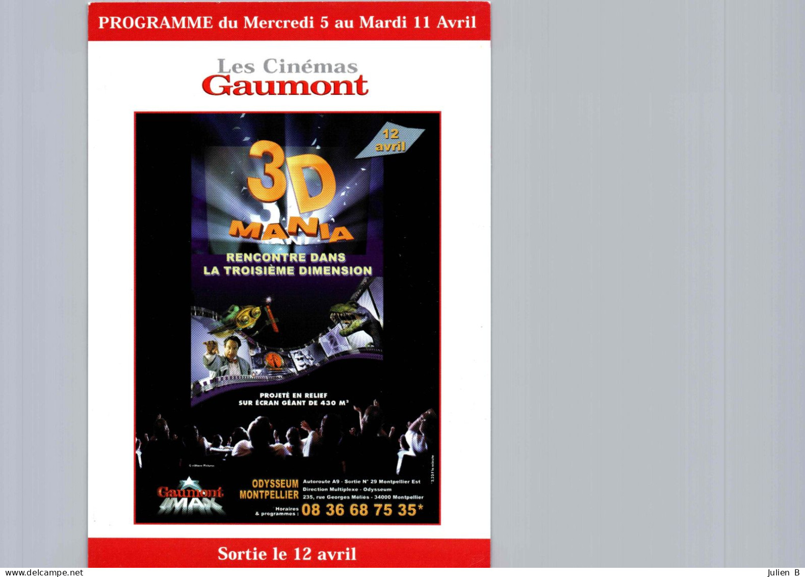 Carte Pub Type Flyer Cinéma GAUMONT 3D Mania - Andere & Zonder Classificatie