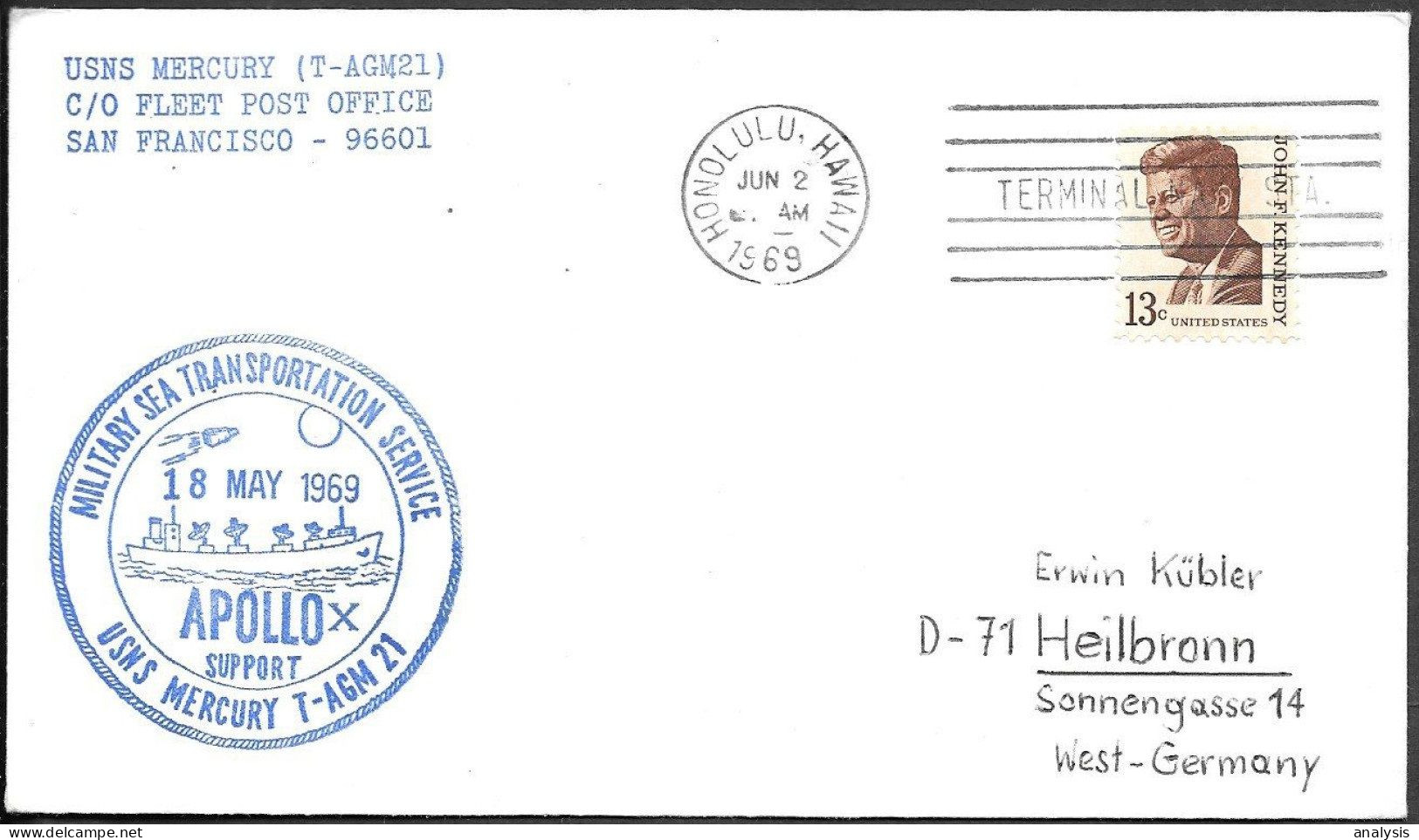 US Space Cover 1969. "Apollo 10" Recovery. USNS Mercury Tracking - United States