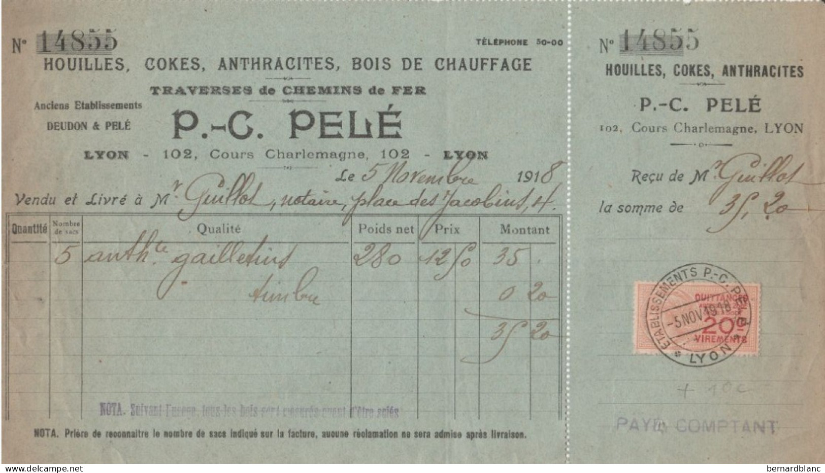 LYON - RHONE  - CHARBONS ET BOIS  - P. C. PELE - RECU EN 1918 - Autres & Non Classés