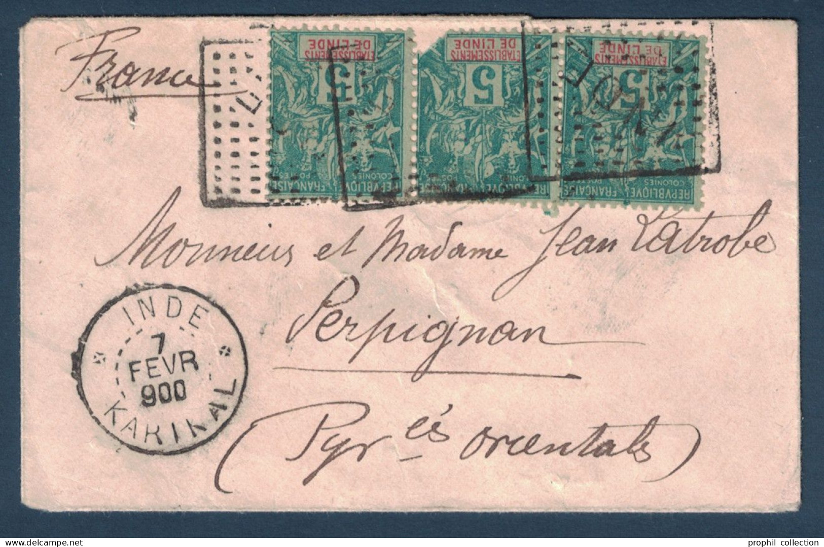 LETTRE CAD KARIKAL 1900 AFFRANCHIE À 15c BANDE DE 3 TIMBRES N° 4 OBLITÉRÉS CACHET DE POINTS INDE Pour PERPIGNAN FRANCE - Lettres & Documents