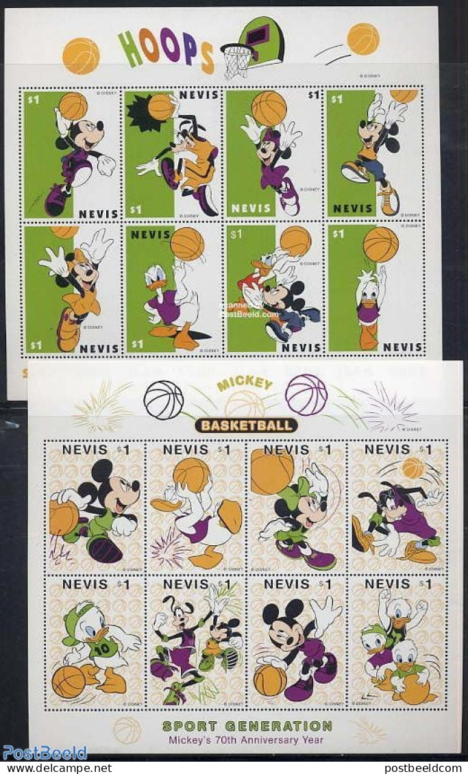 Nevis 1998 Mickey Mouse, Basketball 16v (2 M/s), Mint NH, Sport - Basketball - Art - Disney - Basket-ball