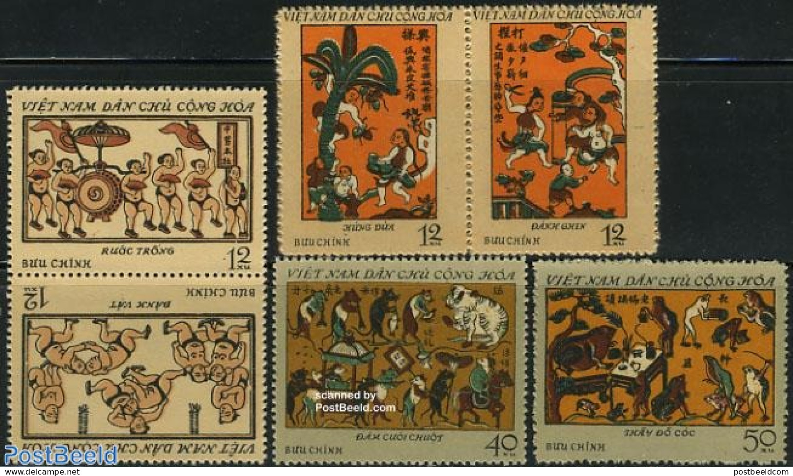 Vietnam 1972 Wood Sculptures 6v (2v+2x[:]), Mint NH, Nature - Cats - Frogs & Toads - Horses - Art - Fairytales - Sculp.. - Märchen, Sagen & Legenden