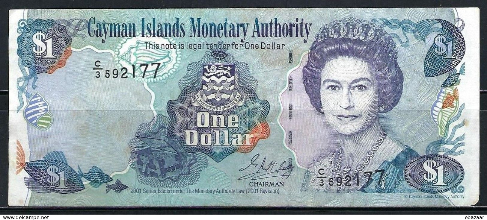 Cayman Islands 2001 Banknote $1 Dollar P-26b Prefix C/3, De La Rue, London, F/VF - Canada