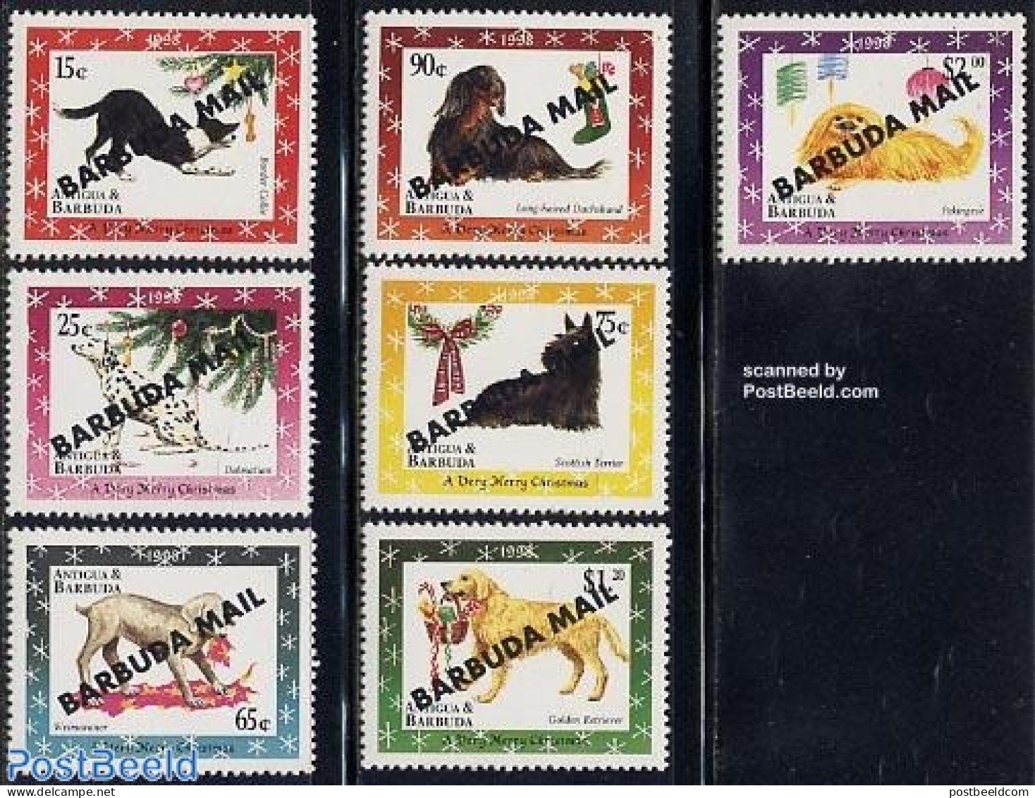 Barbuda 1998 Christmas, Dogs 7v, Mint NH, Nature - Religion - Dogs - Christmas - Noël