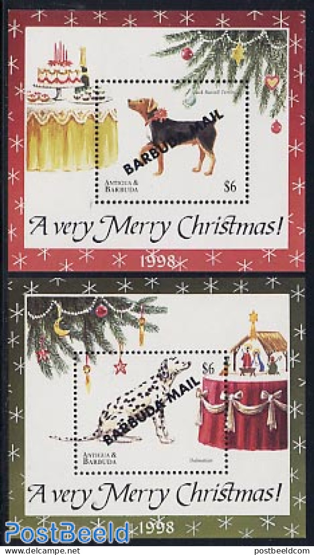 Barbuda 1998 Christmas, Dogs 2 S/s, Mint NH, Nature - Religion - Dogs - Christmas - Kerstmis