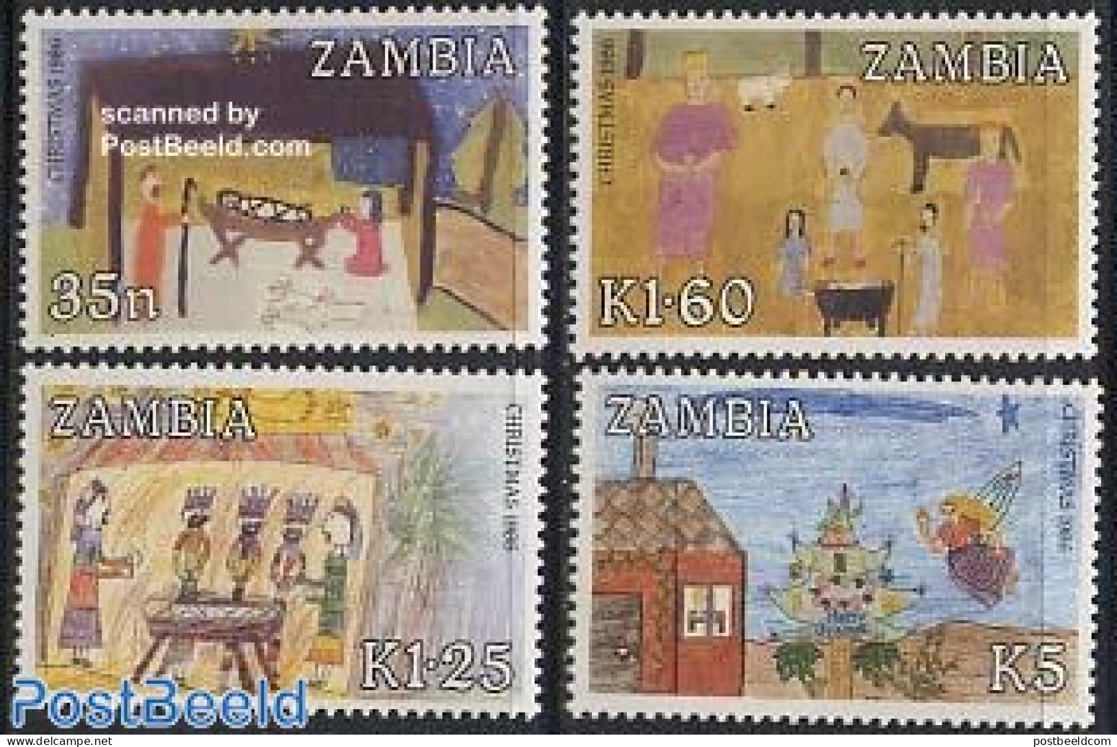 Zambia 1986 Christmas 4v, Mint NH, Religion - Christmas - Art - Children Drawings - Weihnachten