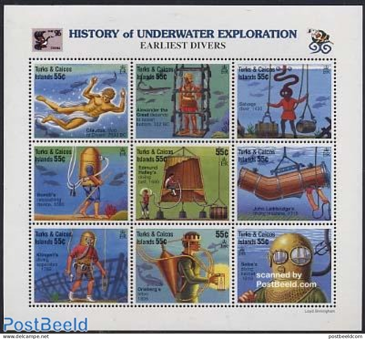 Turks And Caicos Islands 1996 Diving 9v M/s, China 96, Mint NH, Sport - Diving - Philately - Plongée