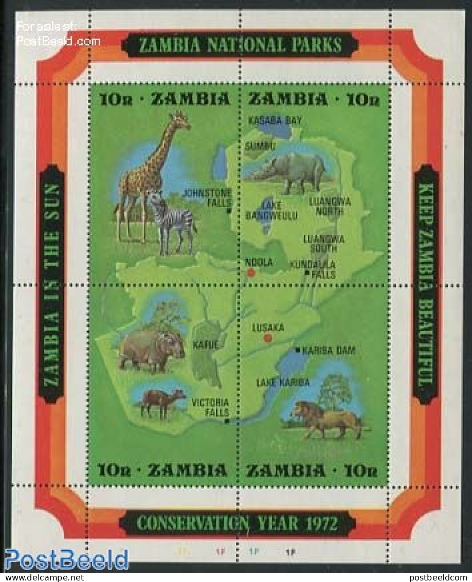Zambia 1972 Nature Conservation S/s, Mint NH, Nature - Various - Animals (others & Mixed) - Cat Family - Giraffe - Hip.. - Natura