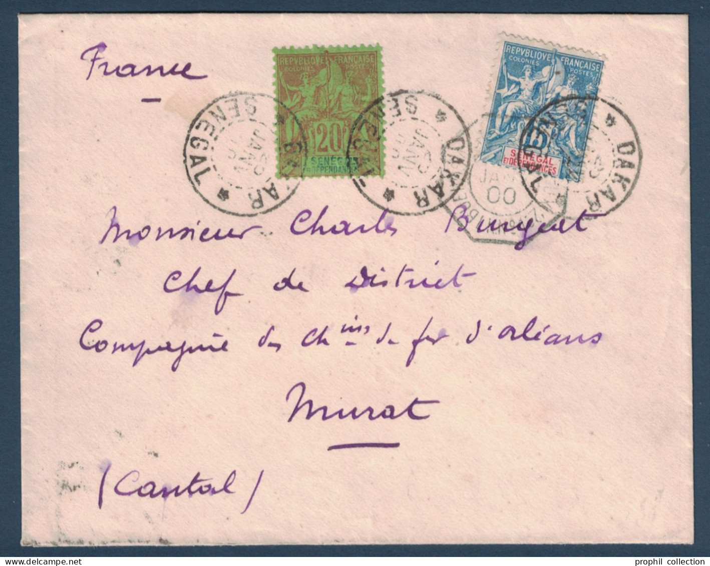 LETTRE CAD DAKAR SÉNÉGAL 1900 AFFRANCHIE À 35c GROUPE N° 13 ET 14 CACHET MARITIME BUENOS AYRES BORDEAUX Pr MURAT FRANCE - Brieven En Documenten