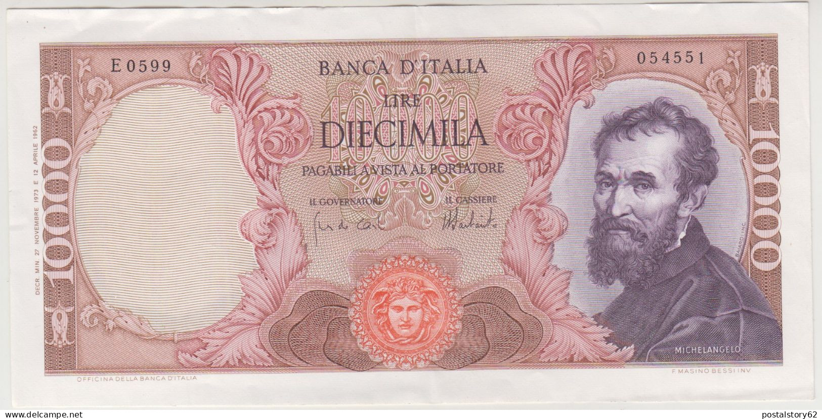 Rep. Italiana - Banca D'Italia Lire 10000 Michelangelo  - Dec. 27-11-1973 - Cons. Spl Non Trattata  Piega Al Centro - 10.000 Lire