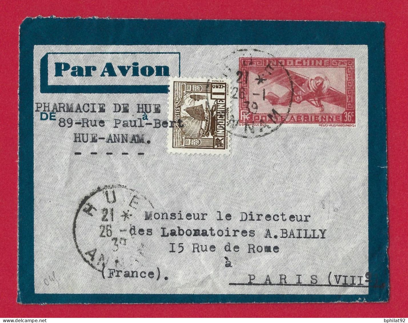 !!! INDOCHINE, ENTIER POSTAL PAR AVION DE HUE, ANNAM POUR PARIS DE JANVIER 1939 - Luftpost