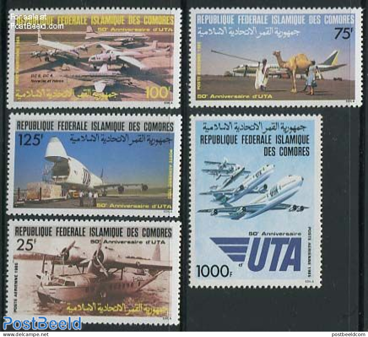 Comoros 1985 50 Years UTA 5v, Mint NH, Transport - Aircraft & Aviation - Airplanes