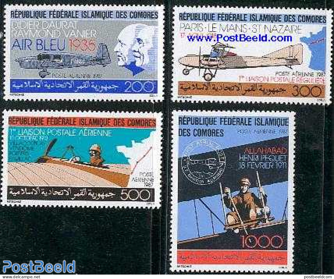 Comoros 1987 Airmail, Aeroplanes 4v, Mint NH, Transport - Various - Post - Aircraft & Aviation - Maps - Poste