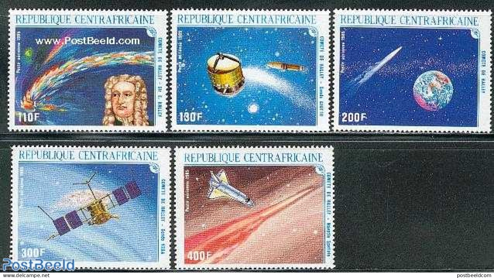 Central Africa 1986 Halleys Comet 5v, Mint NH, Science - Transport - Astronomy - Space Exploration - Halley's Comet - Astrología