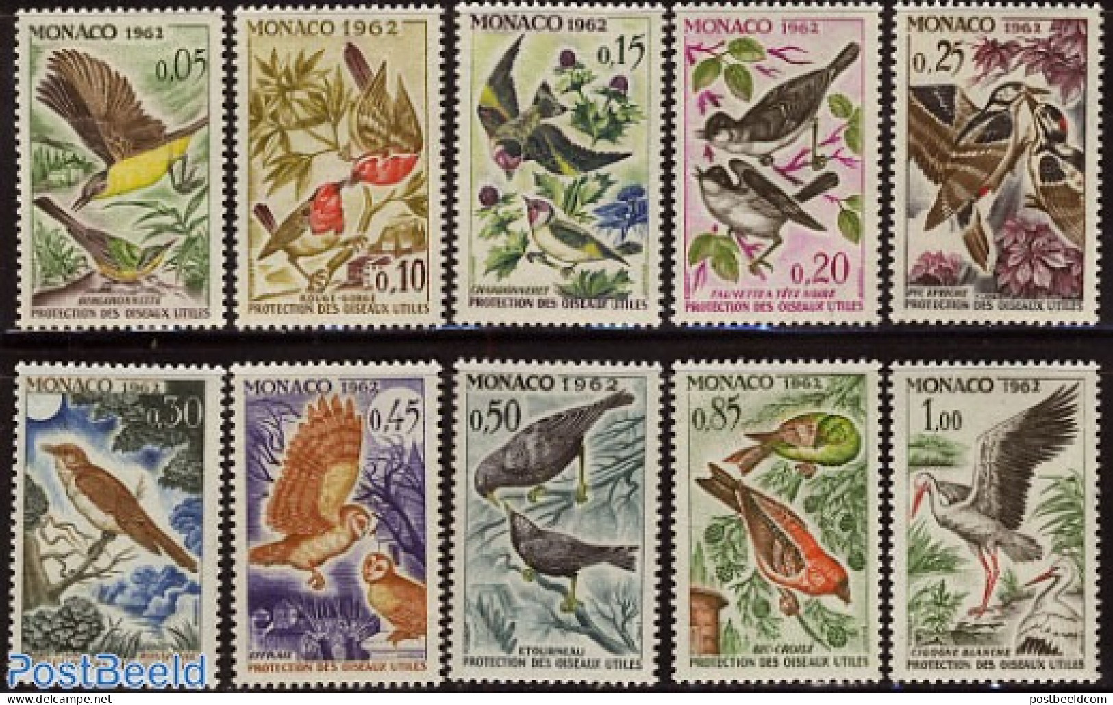 Monaco 1962 Birds 10v, Unused (hinged), Nature - Birds - Owls - Storks - Unused Stamps