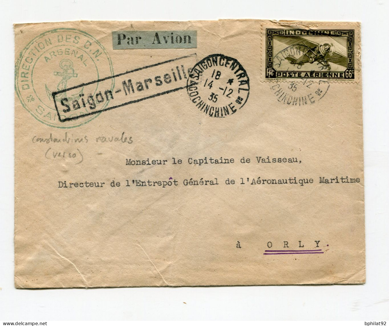 !!! INDOCHINE, LETTRE PAR AVION DE SAIGON POUR ORLY DE 1935 CACHET DIRECTION DES CN (CONSTRUCTIONS NAVALES) - Lettres & Documents