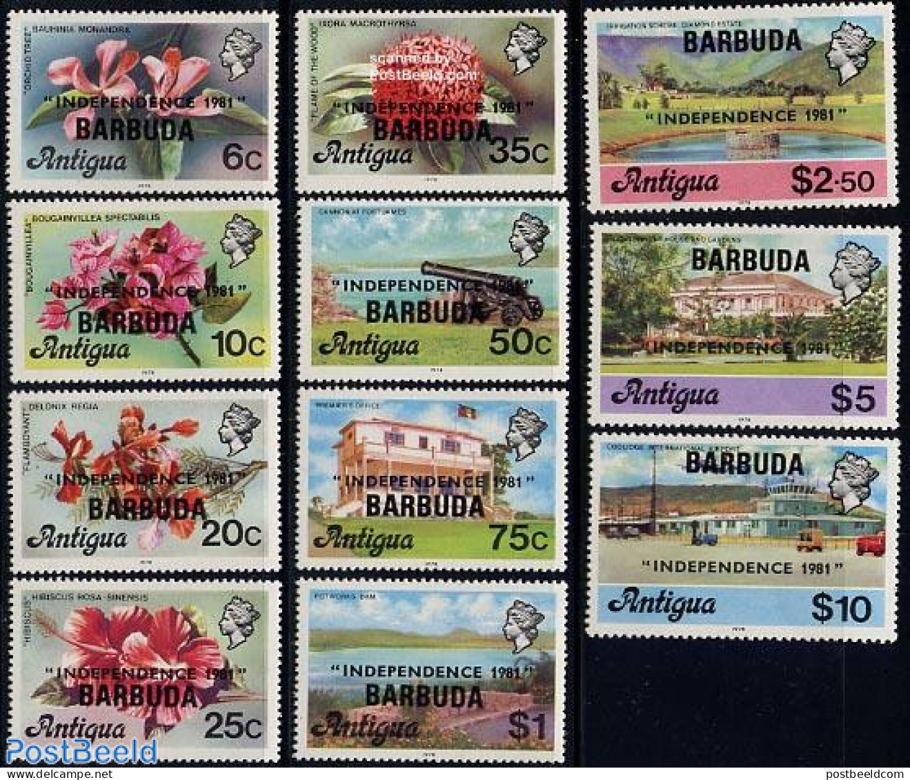 Barbuda 1981 Independence 1981 Overprints 11v, Mint NH, Nature - Transport - Flowers & Plants - Aircraft & Aviation - Airplanes