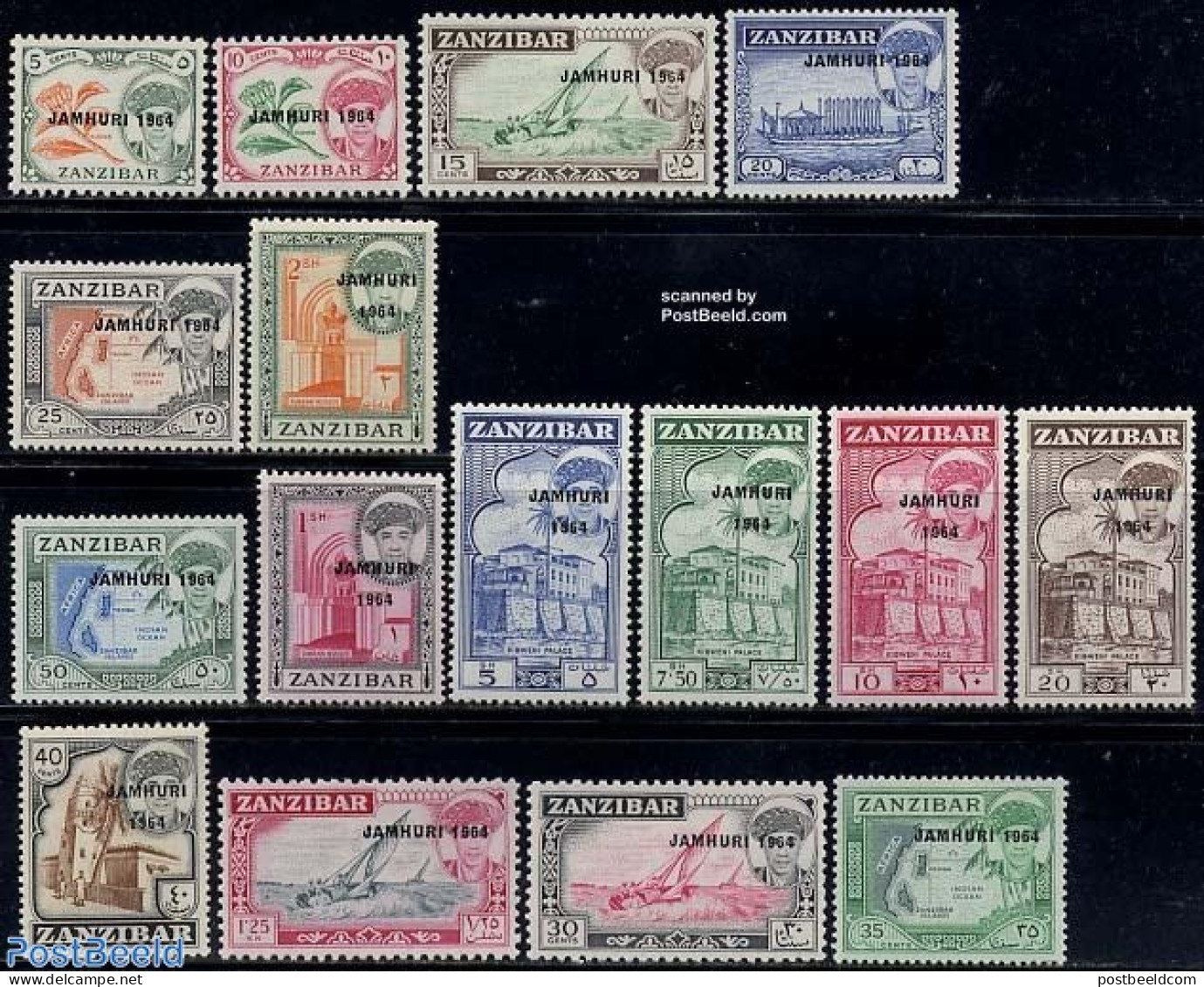 Zanzibar 1964 Jamhuri Overprints 16v, Mint NH, Nature - Religion - Transport - Various - Flowers & Plants - Churches, .. - Eglises Et Cathédrales