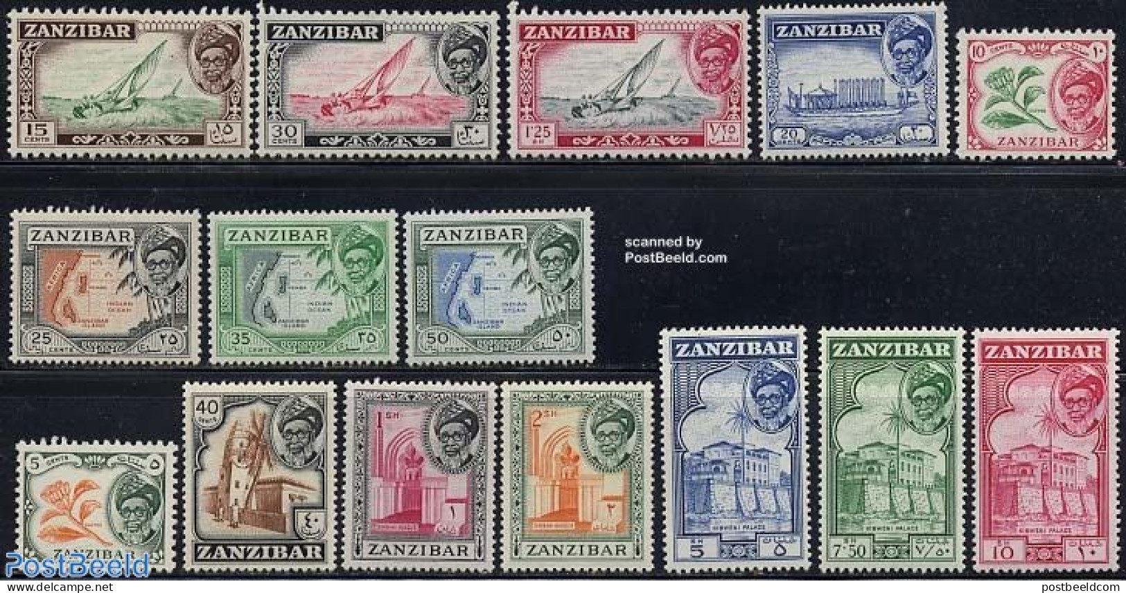 Zanzibar 1957 Definitives 15v, Unused (hinged), Nature - Religion - Transport - Various - Flowers & Plants - Churches,.. - Churches & Cathedrals