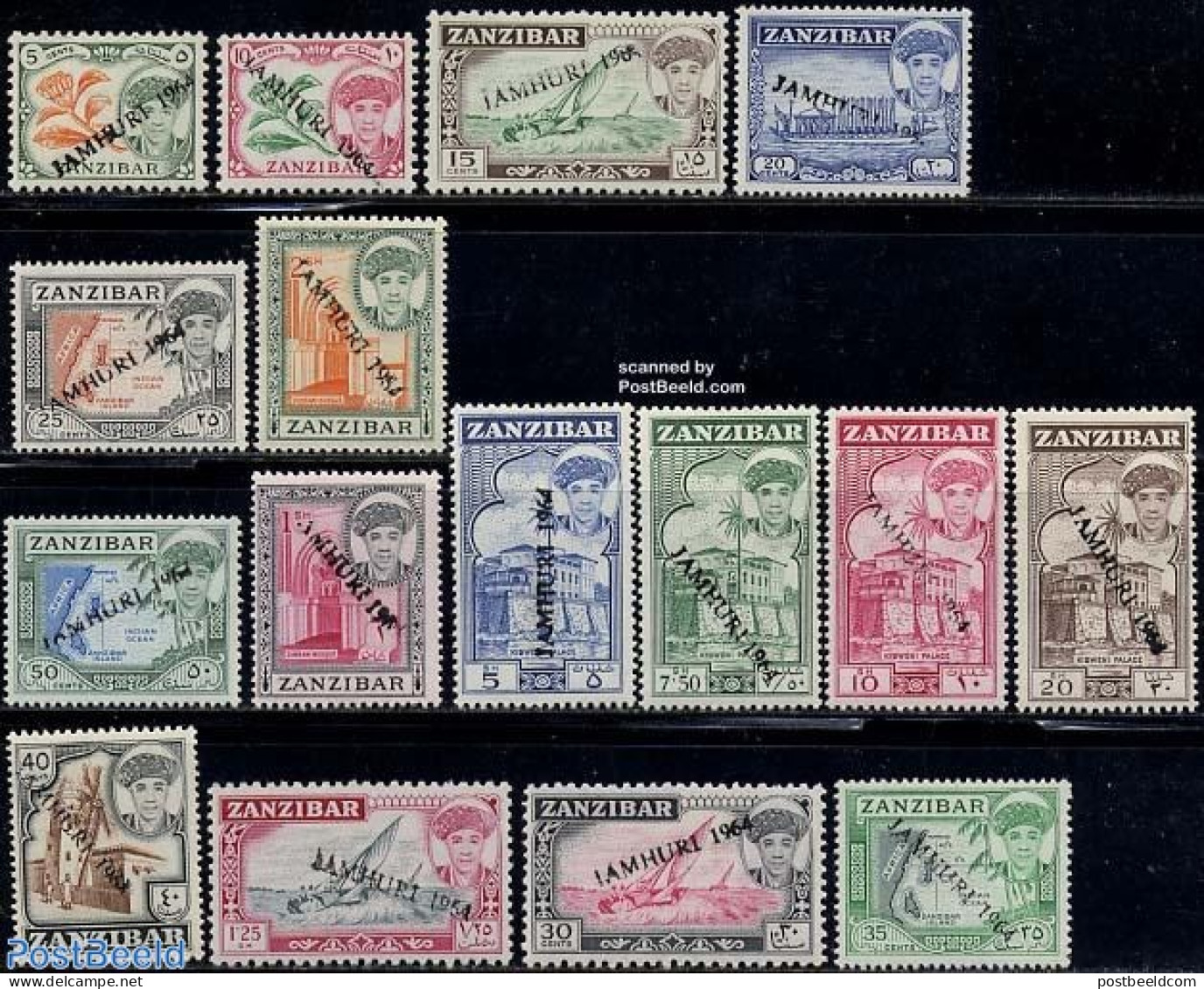 Zanzibar 1964 Jamhuri Overprints 16v, Mint NH, Nature - Religion - Transport - Various - Flowers & Plants - Churches, .. - Churches & Cathedrals