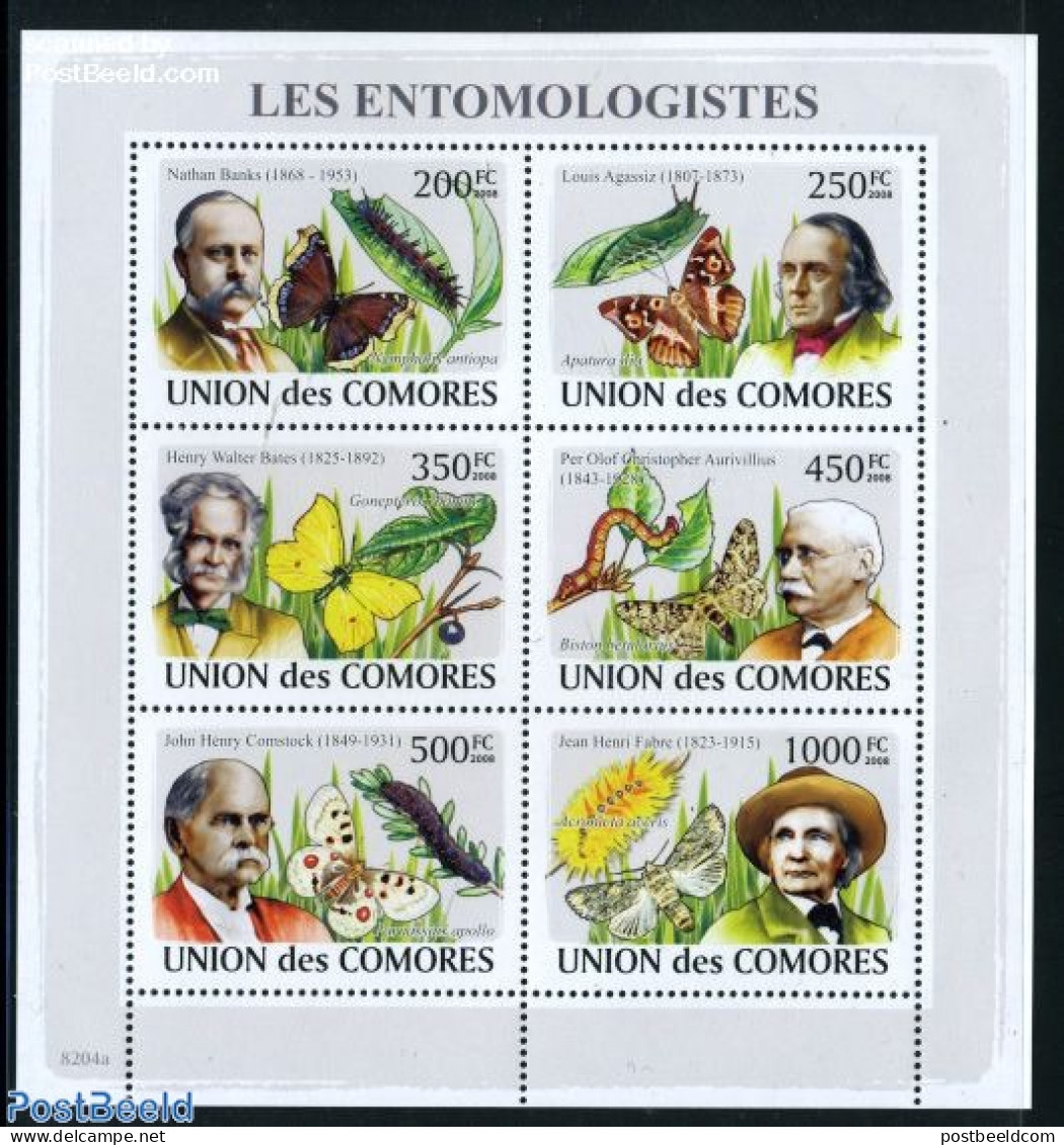 Comoros 2008 Entomologists 6v M/s, Mint NH, Nature - Butterflies - Insects - Comores (1975-...)