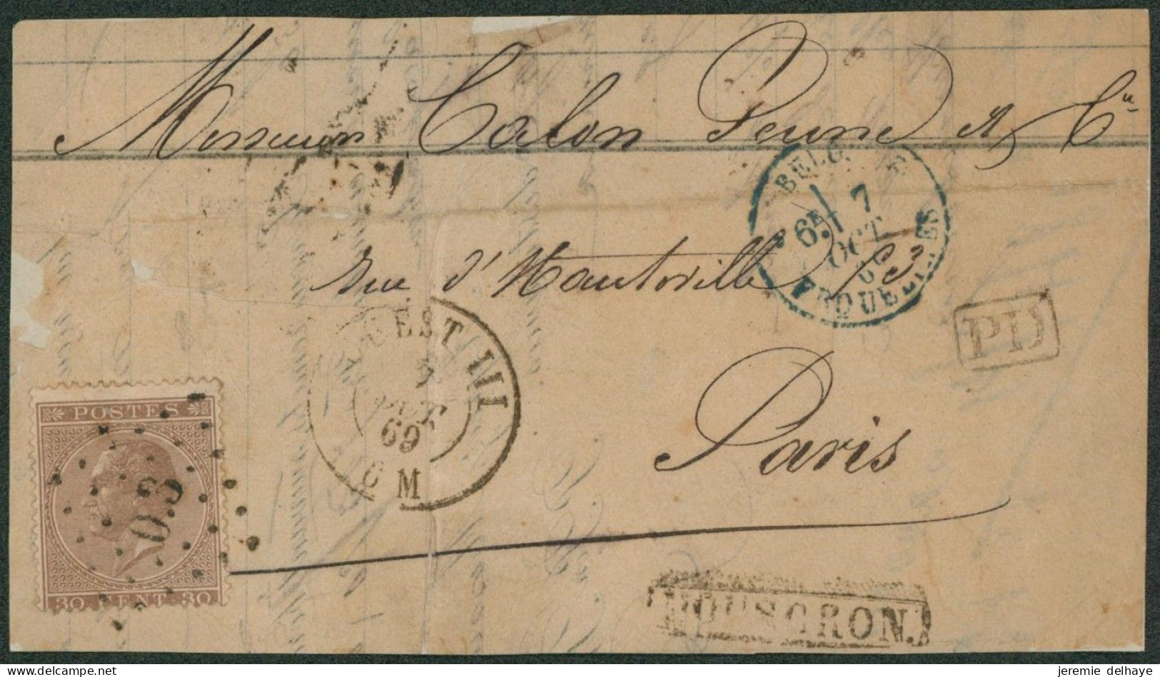 émission 1865 - N°19 Sur Fragment Obl Ambulant Pt O.3 (Ouest 3) + Griffe Encadrée MOUSCRON > Paris - 1865-1866 Profilo Sinistro