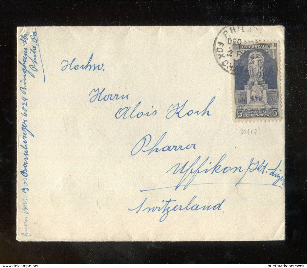 "USA" 1926, Mi. 304 EF Auf Brief In Die Schweiz, Rueckseits Weihnachts-Vignette (B2030) - Covers & Documents