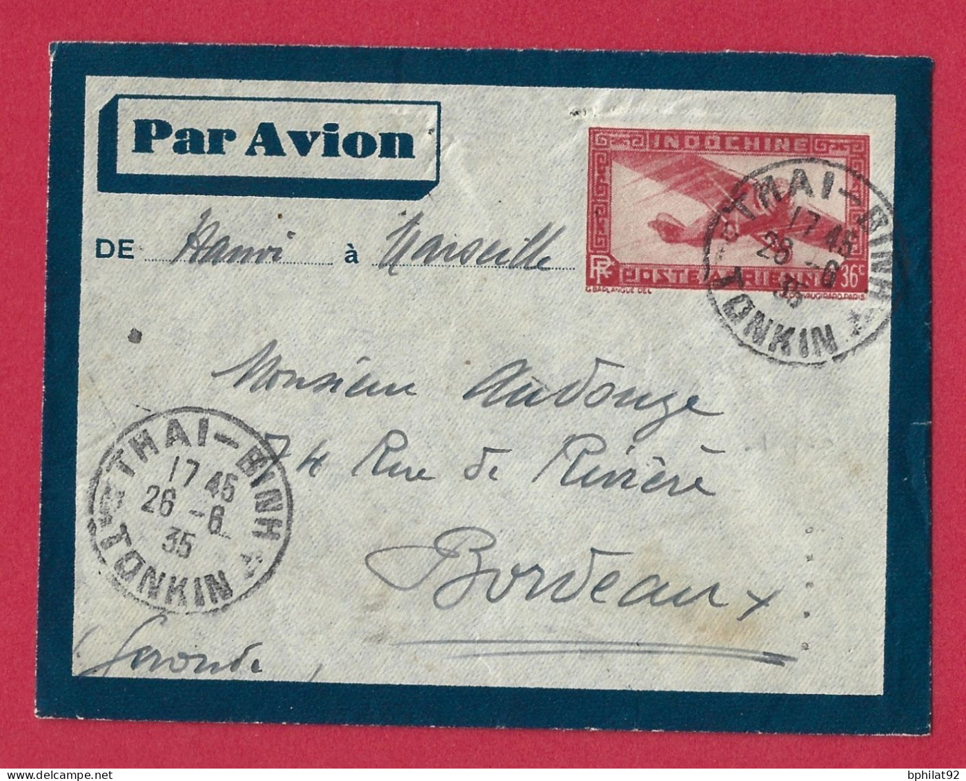 !!! INDOCHINE, ENTIER POSTAL PAR AVION DE THAI-BINH, TONKIN POUR BORDEAUX DE JUIN 1935 - Airmail