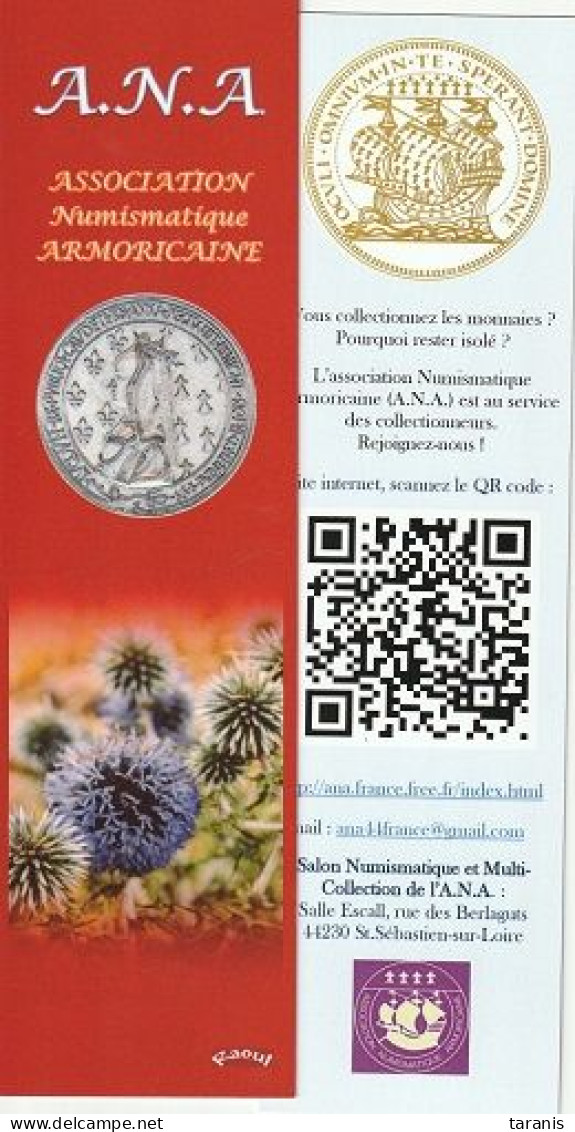 ANA - Association Numismatique Armoricaine - Marque-page TBon Etat (voir Scan) - Marcapáginas