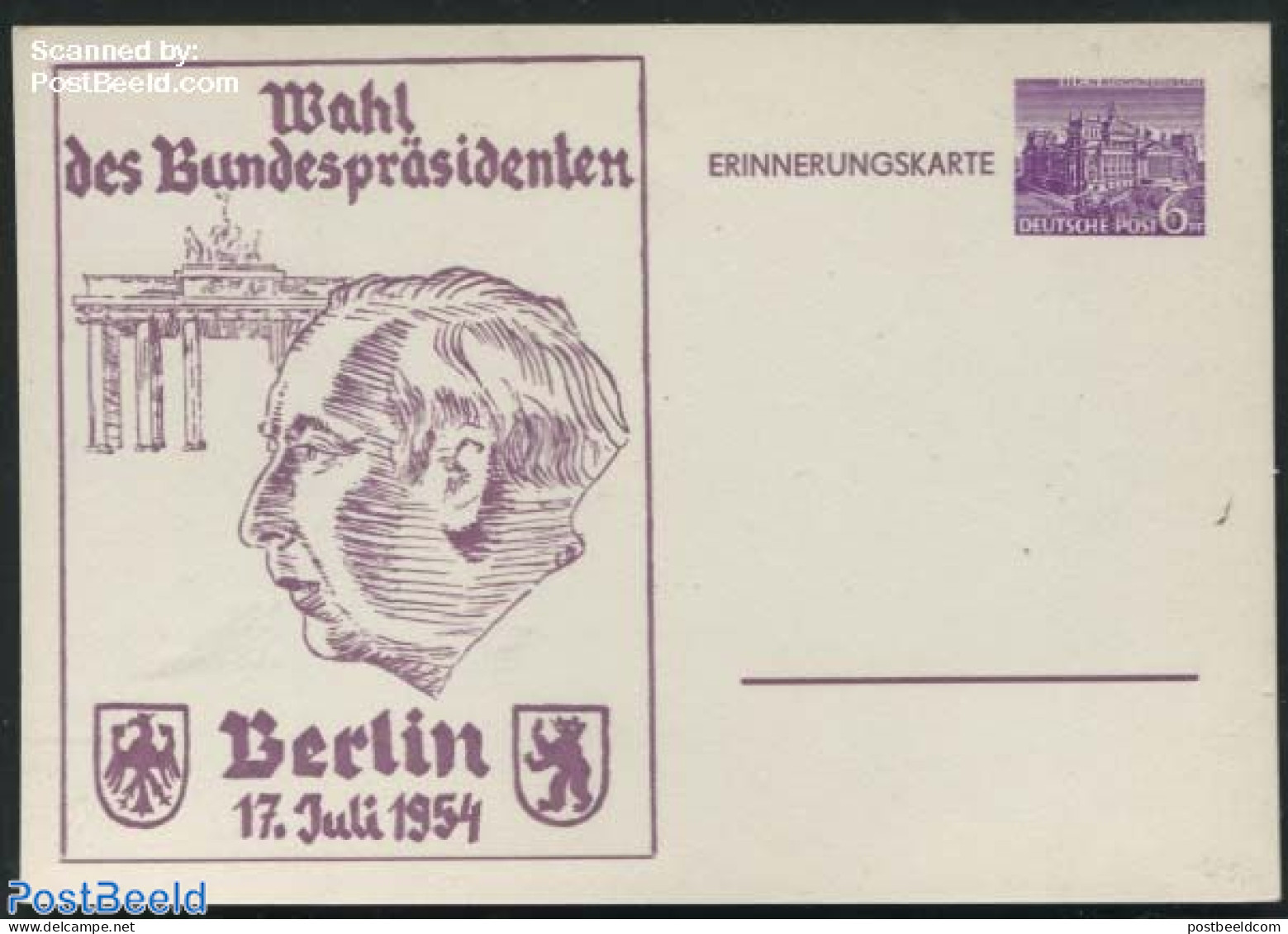 Germany, Berlin 1954 Postcard 6pf, Presidential Elections, Unused Postal Stationary - Briefe U. Dokumente