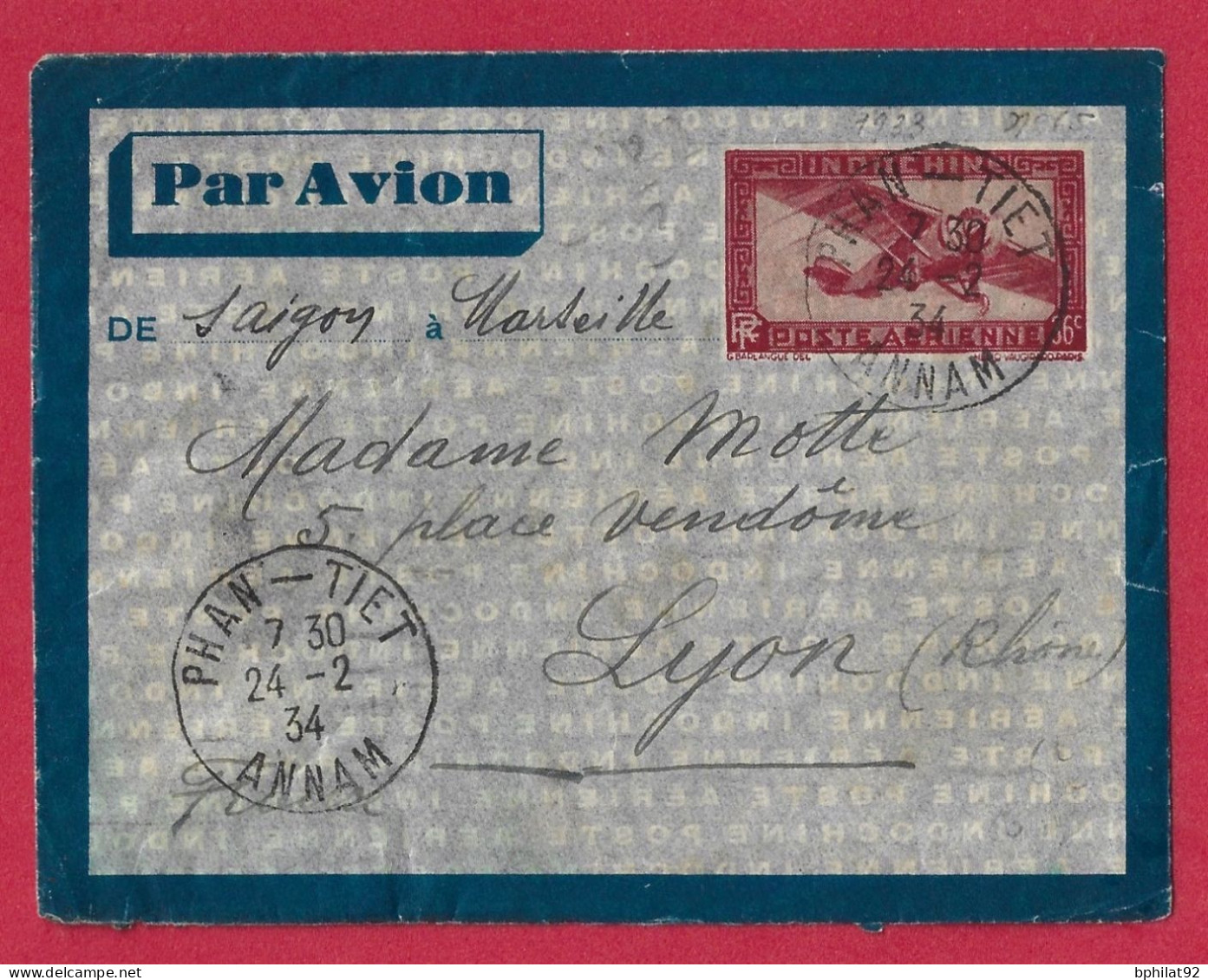 !!! INDOCHINE, ENTIER POSTAL PAR AVION DE PHAN-TIET, ANNAM POUR LYON DE FÉVRIER 1934 - Aéreo