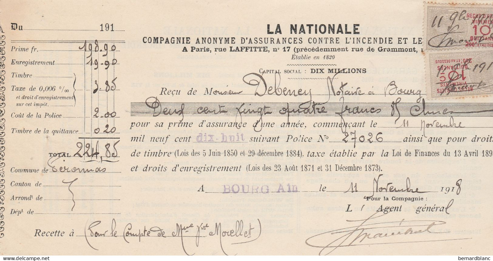 BOURG - AIN  - ASSURANCE LA NATIONALE  - RECU EN 1918 - Autres & Non Classés