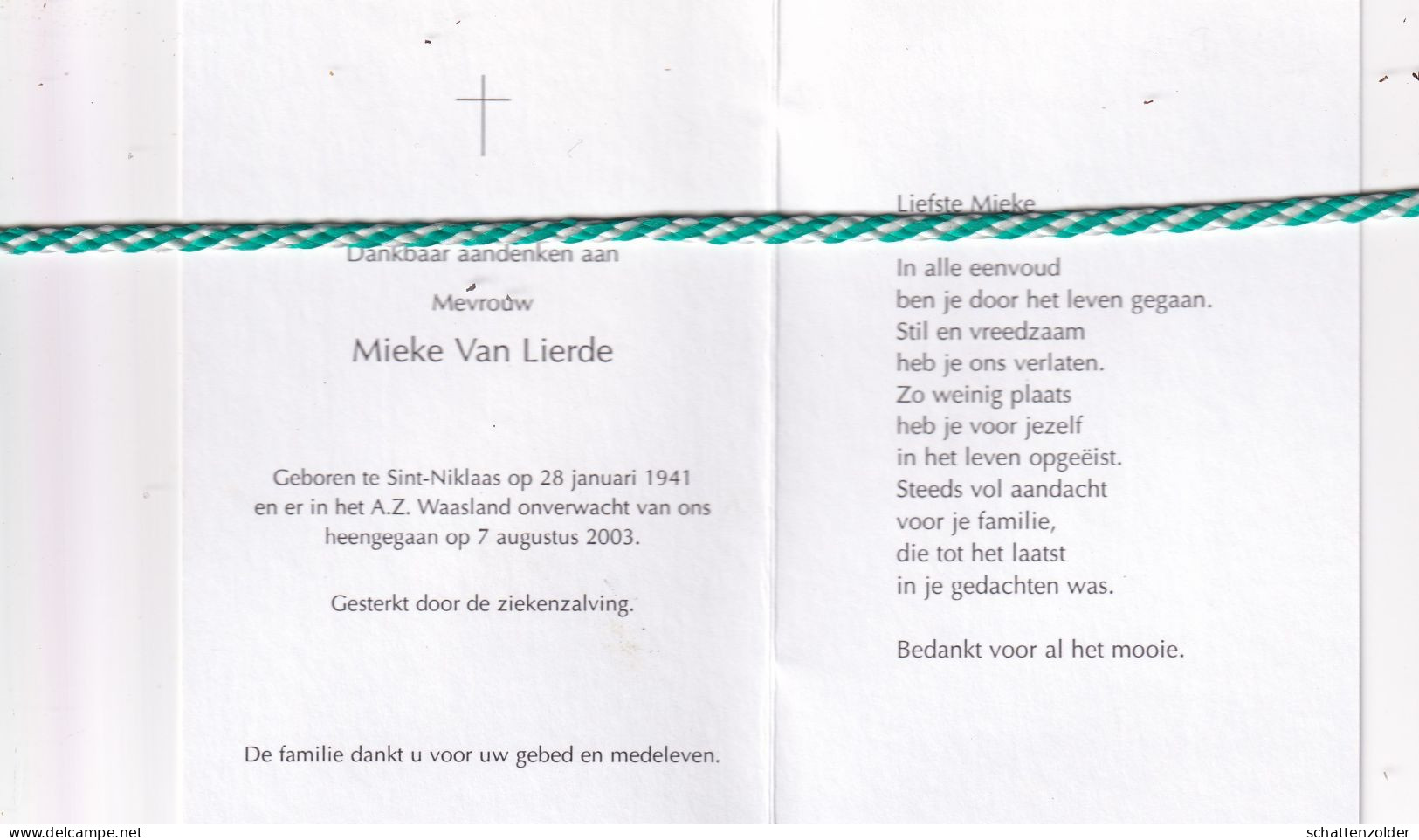 Mieke Van Lierde, Sint-Niklaas 1941, 2003. Foto - Esquela