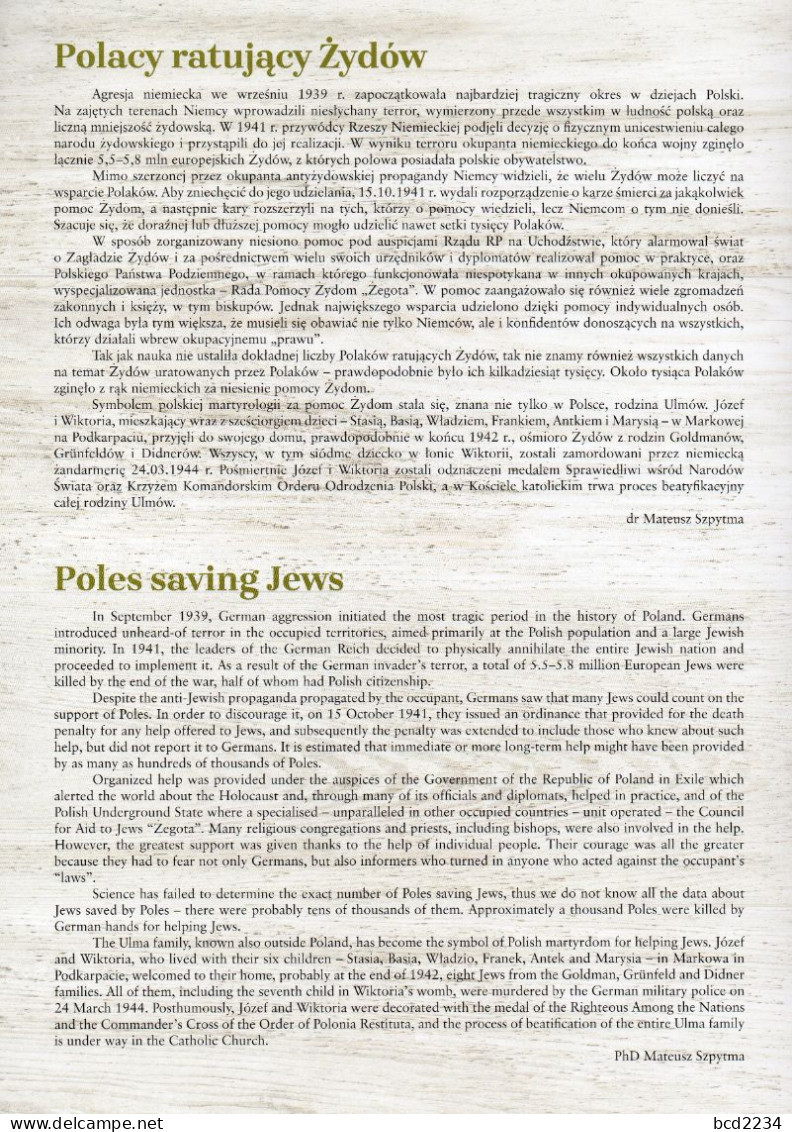 POLAND 2019 POLISH POST OFFICE SPECIAL LIMITED EDITION FOLDER: POLES SAVING JEWS FROM NAZI GERMANY WW2 JUDAICA HISTORY - Cartas & Documentos